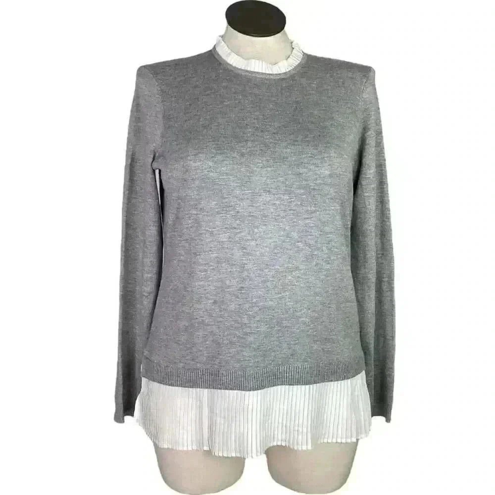 Adrianna Papell Twofer Sweater Women L Gray White Pleated Ruffle Neck Shirt